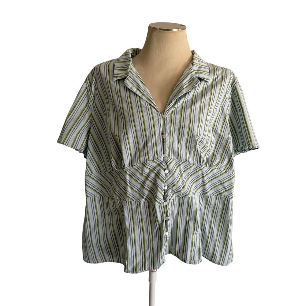 VTG Y2K 2000s Light Blue Stripe Short Sleeve Button Down Plus Size 4X Corset